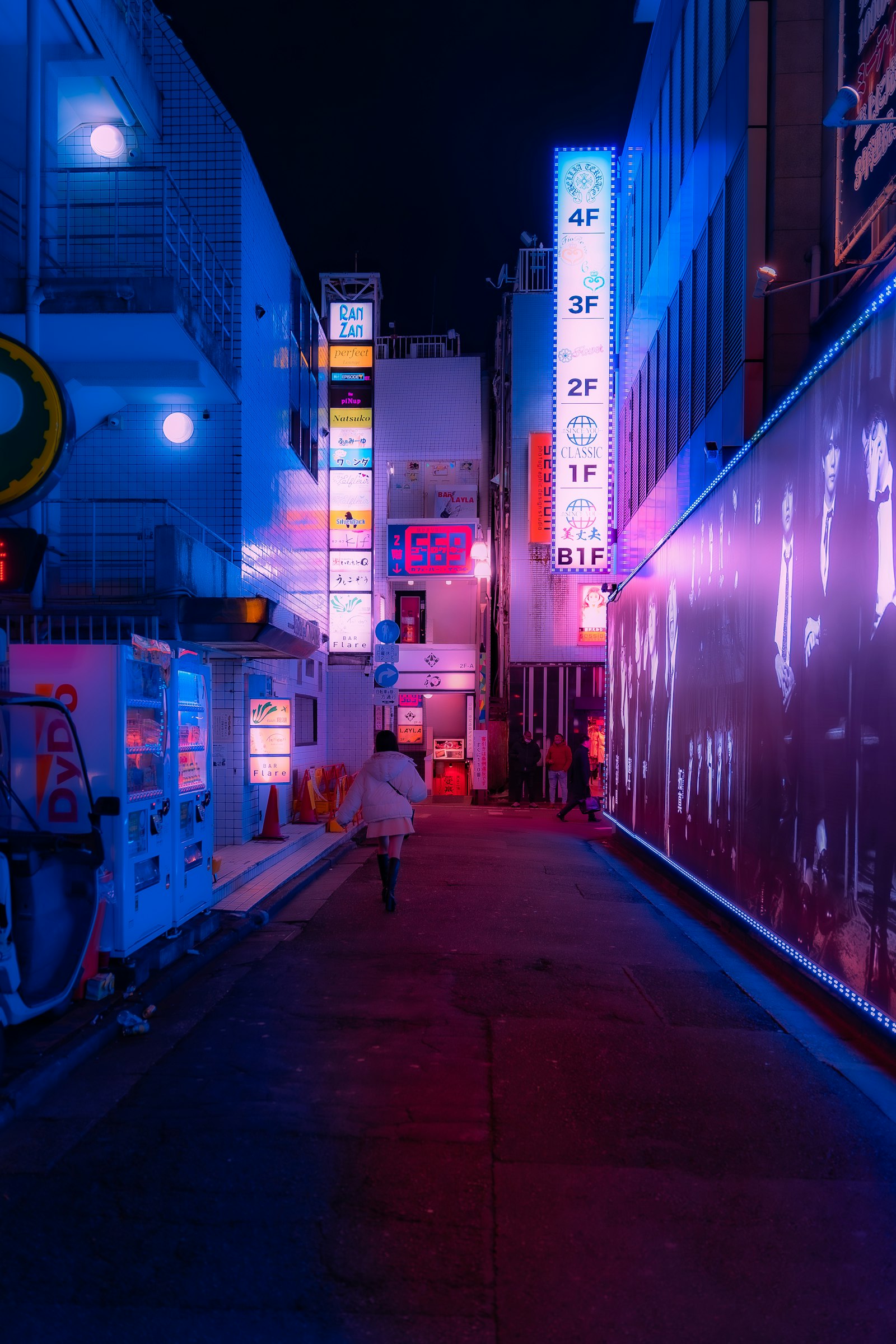 A person walking alone down a neon-lit street in Japan at night